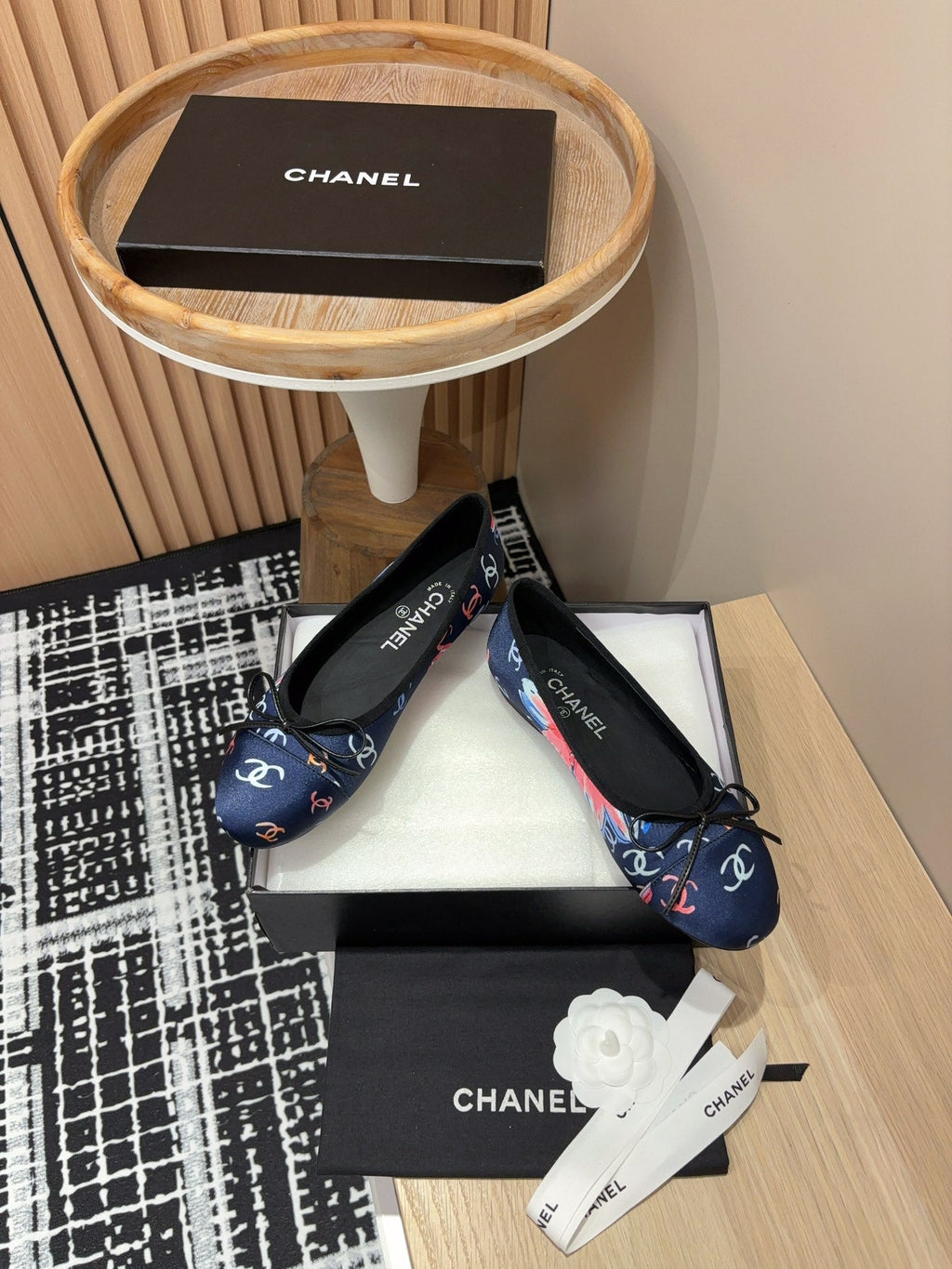 CC Ballet Flats Dark Blue Silk Flowers And Lambskin