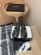CC Mule 30mm In Black Mix White Wool Tweed And Lambskin