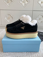 Prada Mid-Top Sneakers Black Suede White Shearing 564154