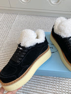 Prada Mid-Top Sneakers Black Suede White Shearing 564154