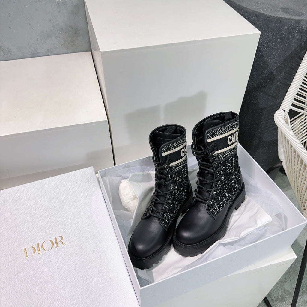 CD Major Ankle Boots Black White Calfskin And Fabric Canvas