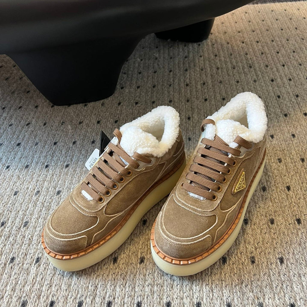 Prada 25s Mid-Top Sneaker Light Brown Suede And Wool 538433
