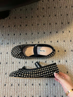 Miu 26s Ballerina Flats In Black Mesh Calfskin With Rhinestones