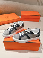 HM 25ss Kelly Buckle Sneakers Navy Blue Gray Cowhide Canvas 577489