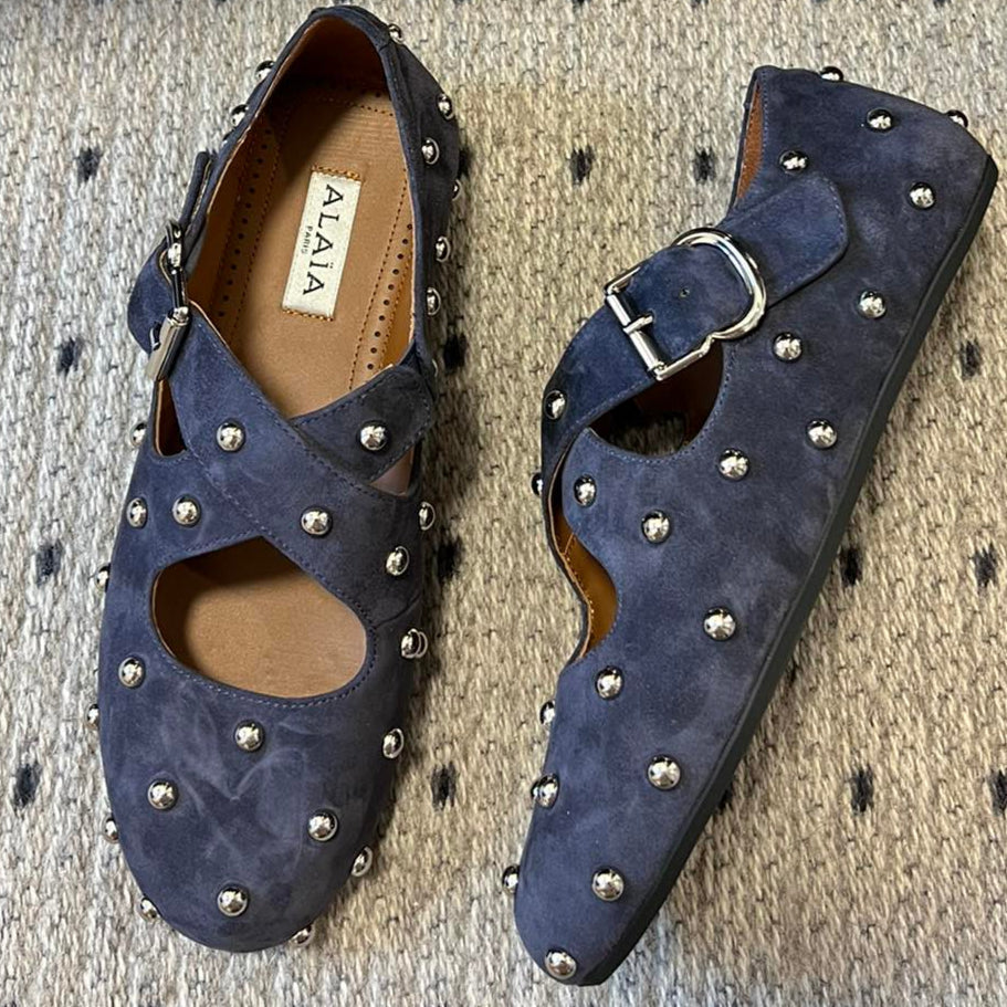 Alaia 25 Criss Cross With Stud Ballet Flats Azure Blue Suede Sheepskin 303691