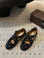 Alaia 25 Criss Cross With Stud Ballet Flats Black Suede Sheepskin 303693