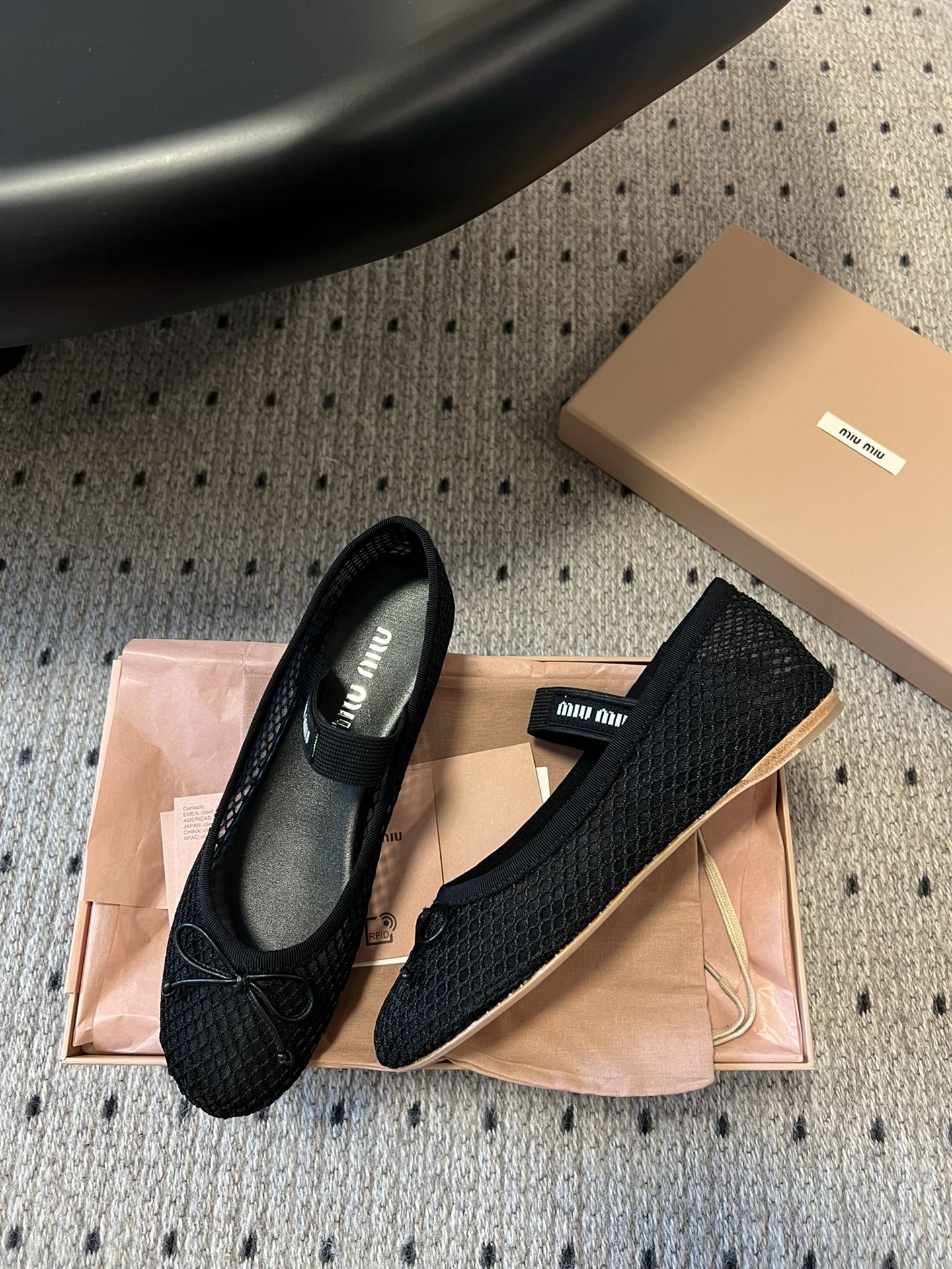 Miu 26s Ballerinas In Black Mesh Fabric With Bow