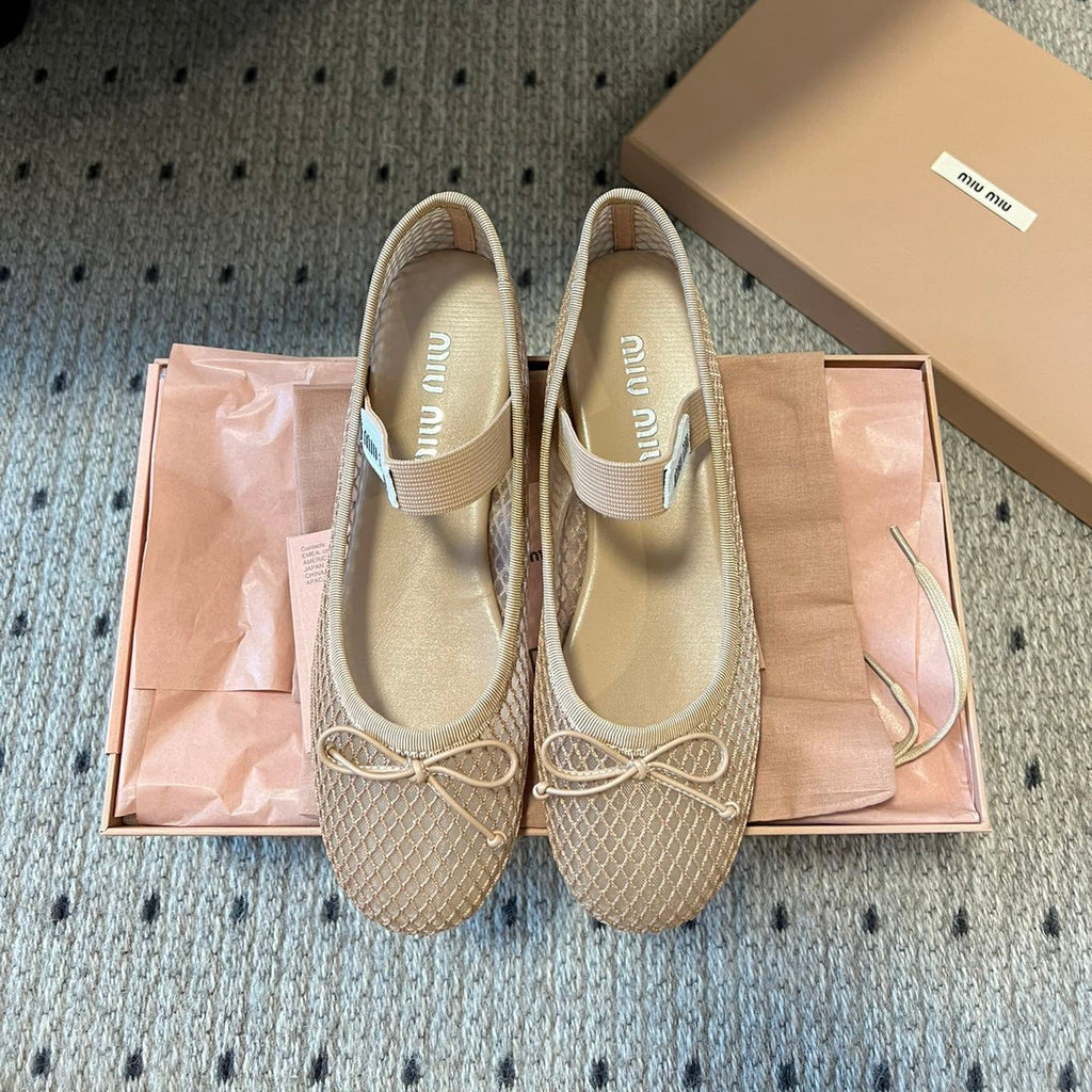 Miu 26s Ballerinas In Beige Mesh Fabric With Bow