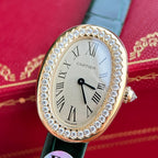Baignoire 23mm Pink Gold Case Diamond Bezel Dark Green Leather Strap
