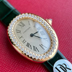 Baignoire 23mm Pink Gold Case Diamond Bezel Dark Green Leather Strap