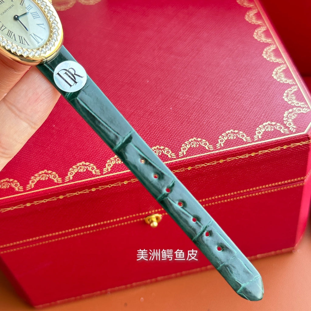 Baignoire 23mm Pink Gold Case Diamond Bezel Dark Green Leather Strap