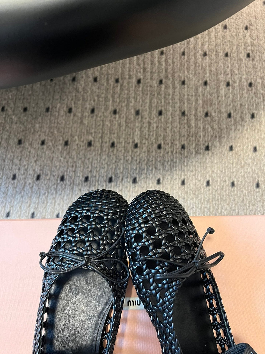 Miu 26s Ballerina Flats In Black Mesh Sheepskin