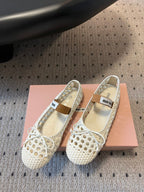 Miu 26s Ballerina Flats In Cream White Mesh Sheepskin