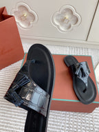 LP Flip Flops In Black Lambskin Snake Embossing