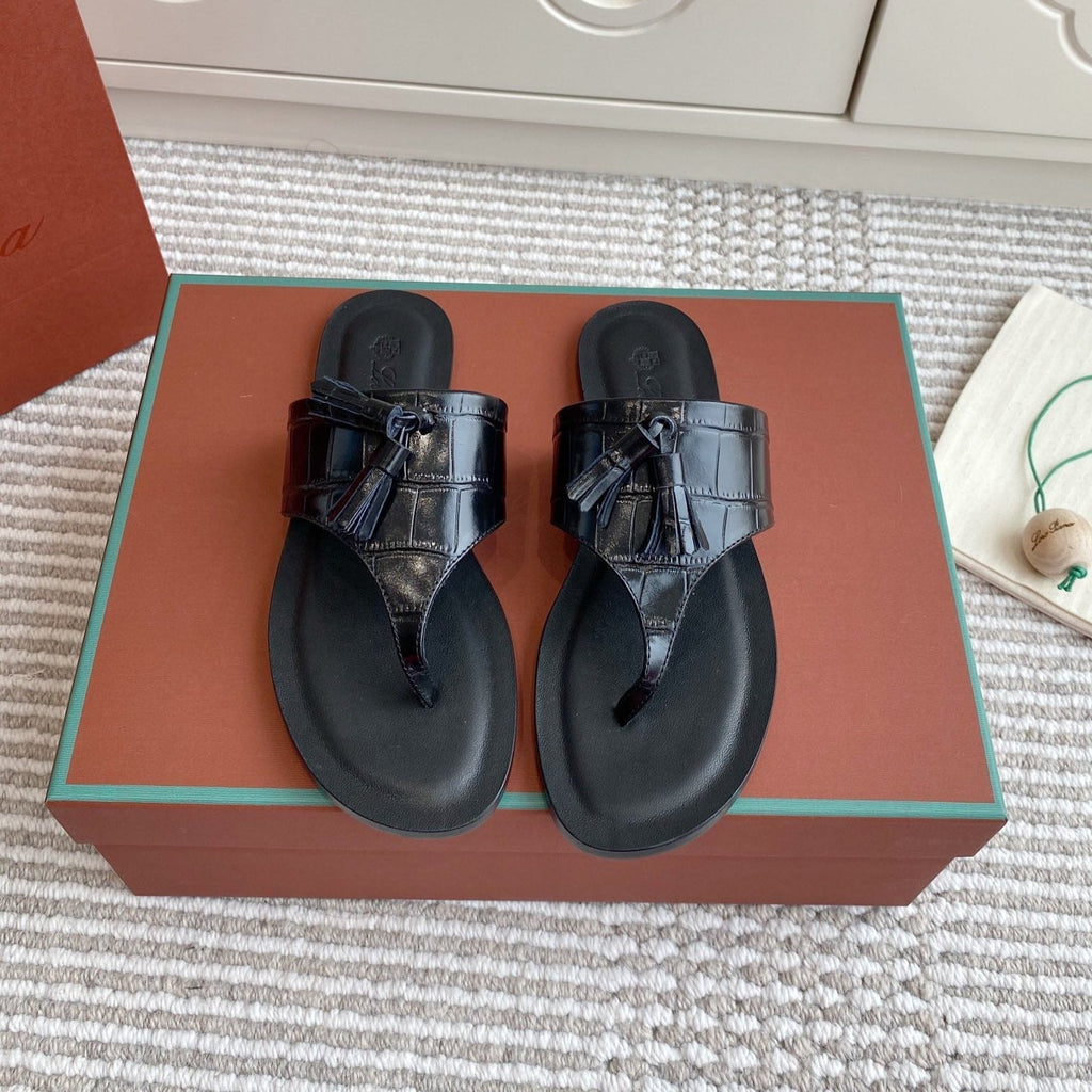 LP Flip Flops In Black Lambskin Snake Embossing