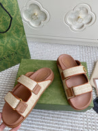 GC sandal with Double G Brown mix Beige Canvas Sheepskin 291016