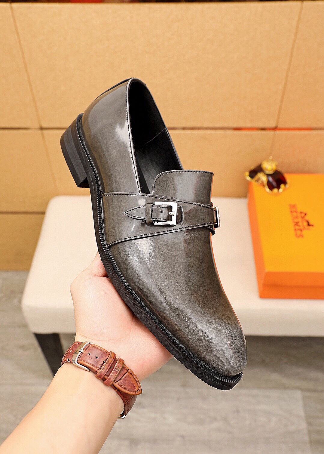 HM Men's Loafer Metallic Gray Patent Leather 637348