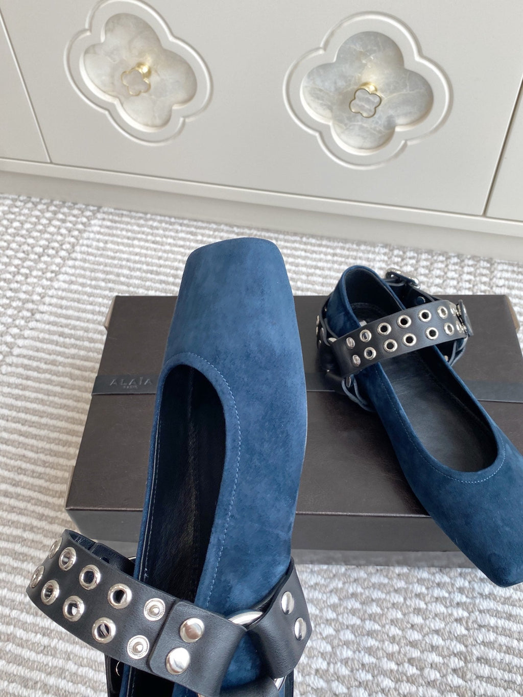 Alaia 25 Biker Ballet Flats Blue Suede 291056