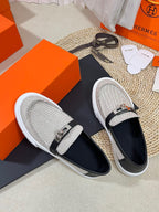 HM Buckle Casual Loafer Black Cowhide Cloth 317046