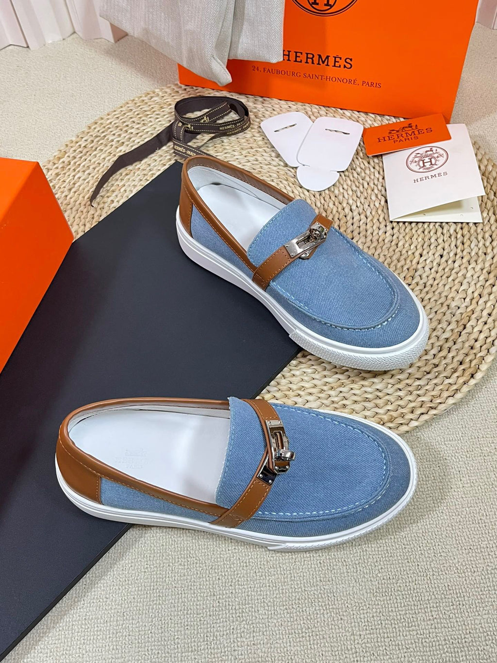 HM Denim Loafer Blue Brown Cowhide Cloth 317047