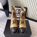 CC Buckle Ankel Boots With Chain 100mm Beige Black Sheepskin GHW 432500