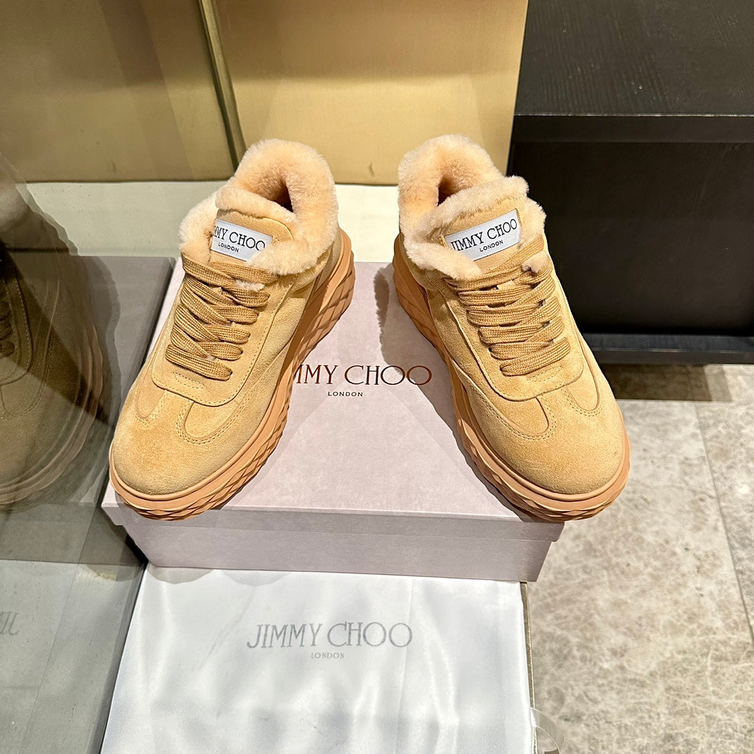 Jimmy Choo Diamond Maxi Sneakers Light Brown Suede Shearling Lining 538895