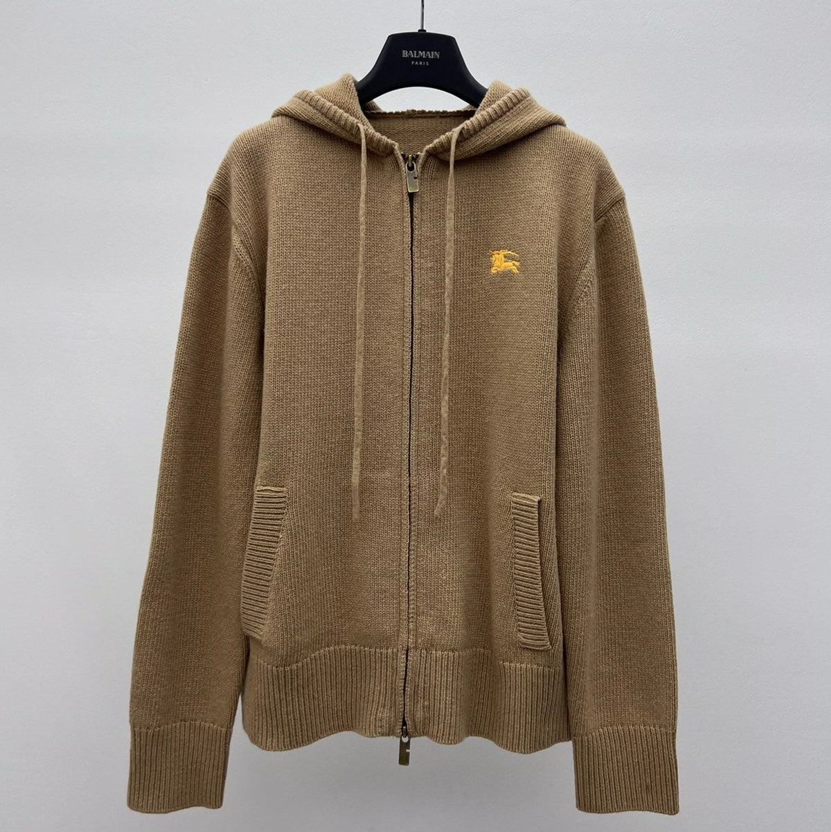 Burberry 25 Zipper-Up Hooded Knit Cardigan Beige Wool Cashmere