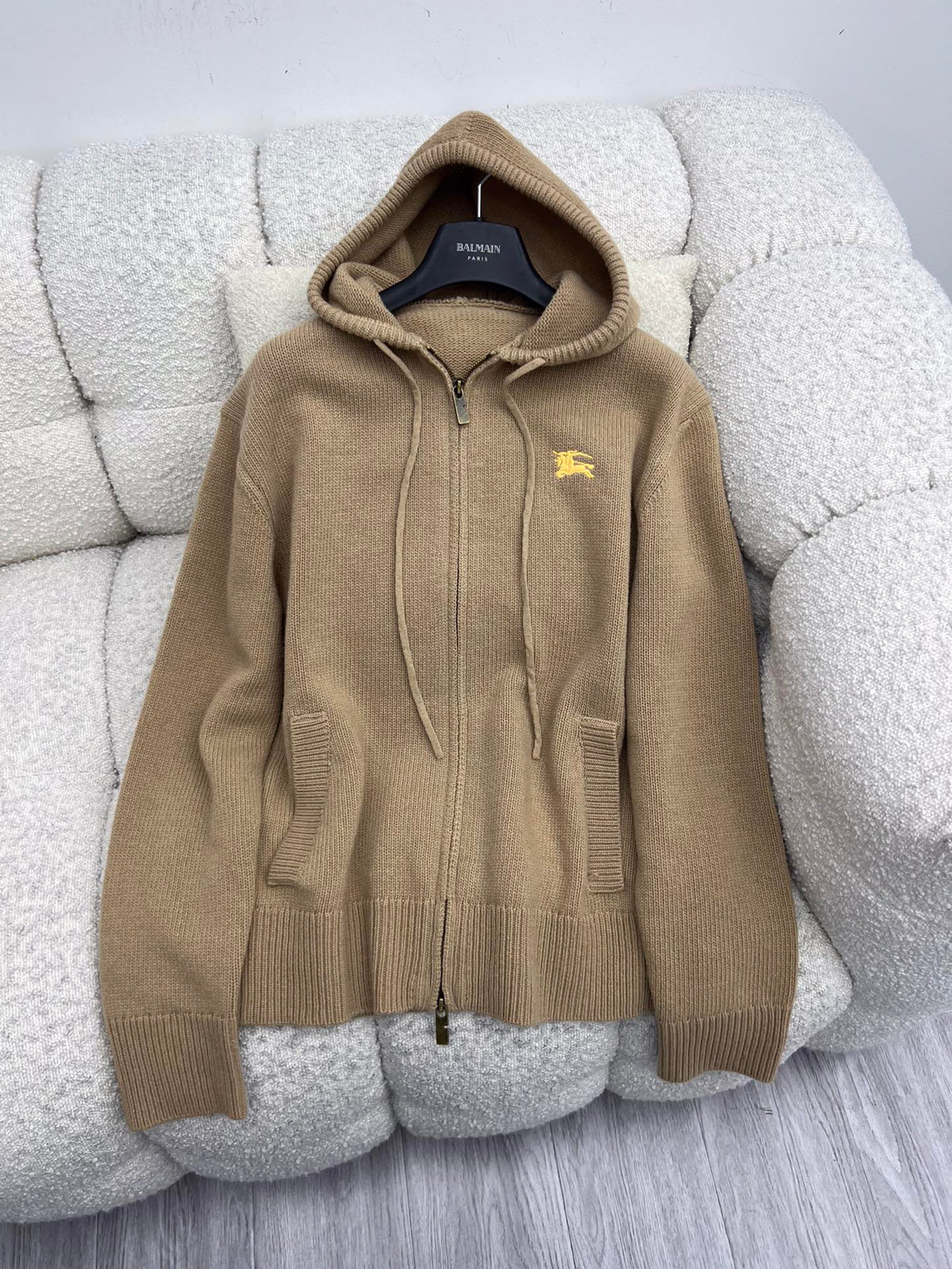 Burberry 25 Zipper-Up Hooded Knit Cardigan Beige Wool Cashmere