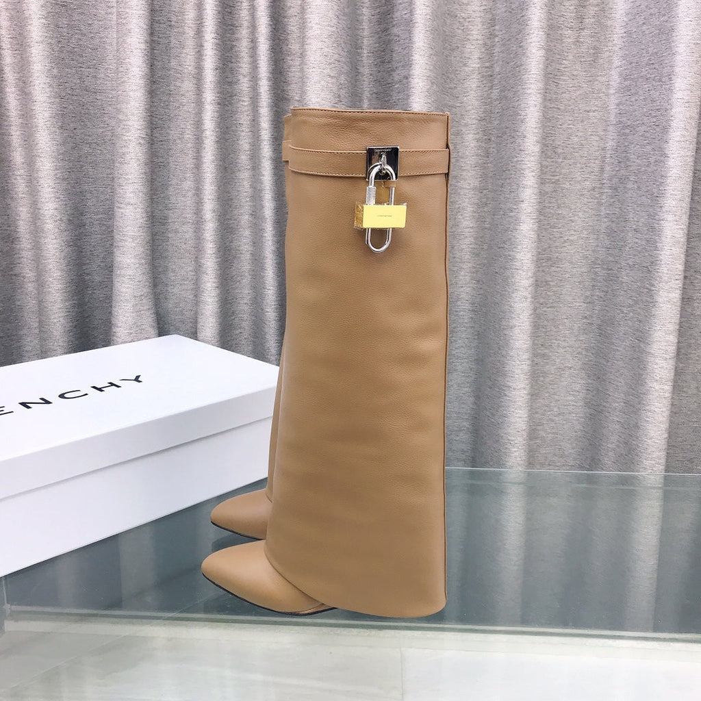 Givenchy Shark-Lock Knee-High Boots Beige Cowhide