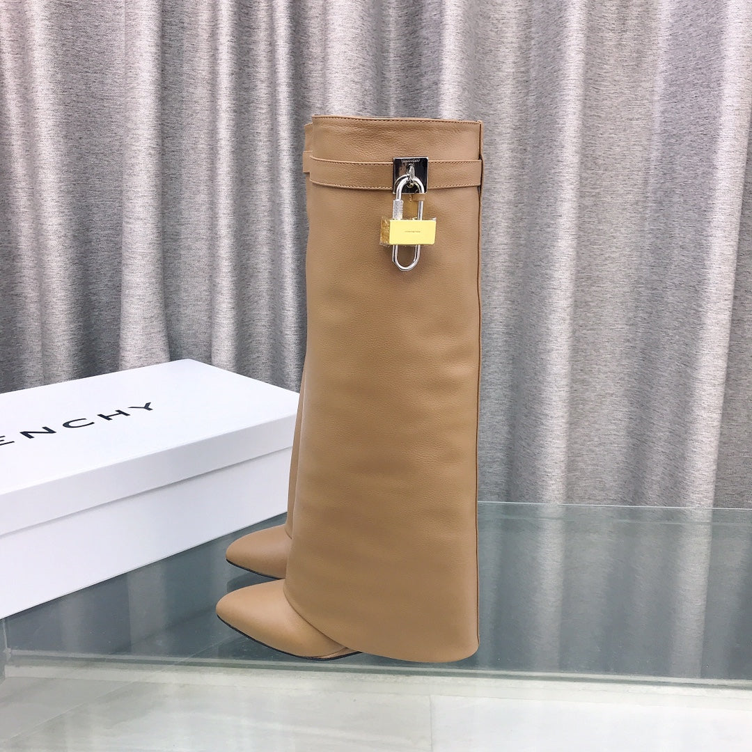 Givenchy Shark-Lock Knee-High Boots Beige Cowhide