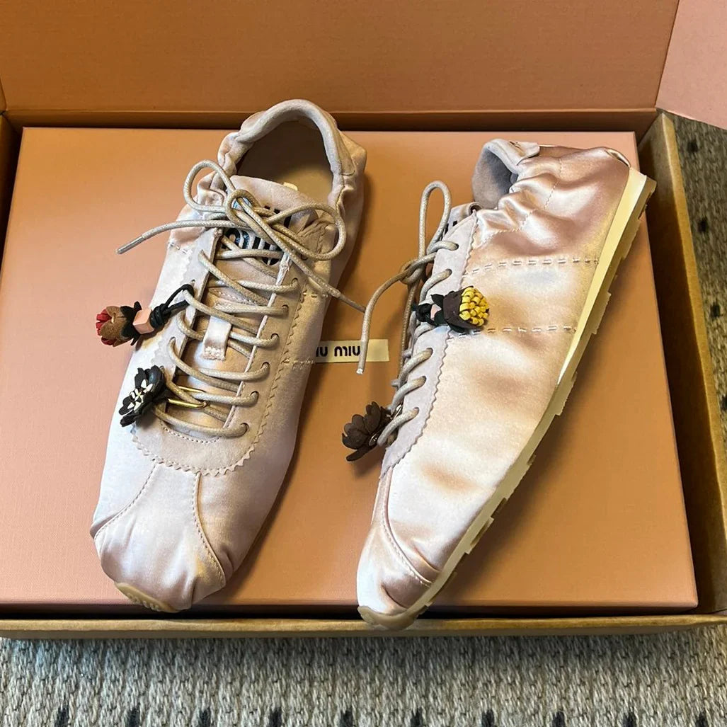Miu Miu 2026 Plume Sneaker With Floral Charm Pink Satin 621345