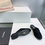 CC Loafers Half-Slip Sandals Black Wool Sheepskin 628645