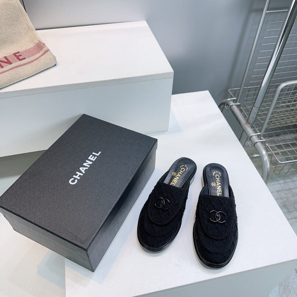 CC Loafers Half-Slip Sandals Black Wool Sheepskin 628645