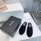 CC Loafers Half-Slip Sandals Black Wool Sheepskin 628645