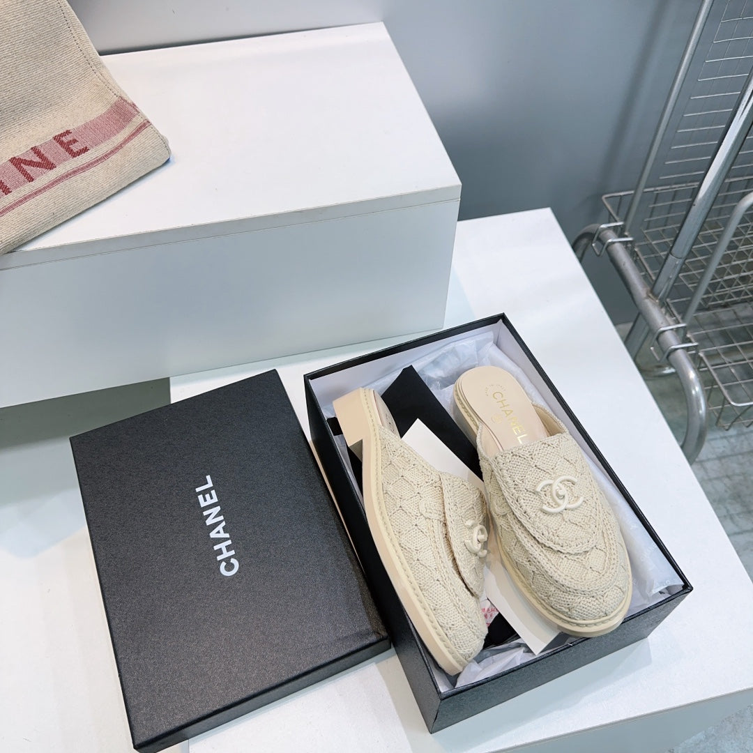CC Loafers Half-Slip Sandals Beige Wool Sheepskin 628647