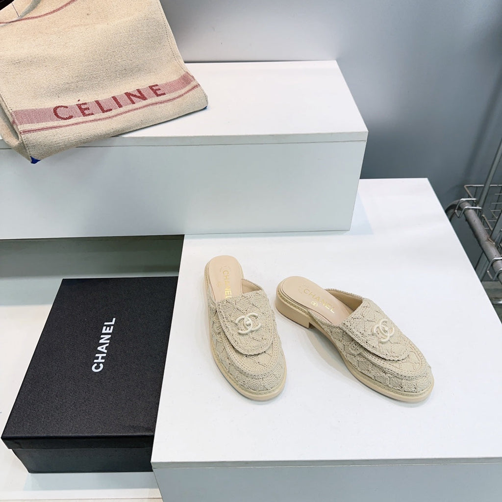 CC Loafers Half-Slip Sandals Beige Wool Sheepskin 628647