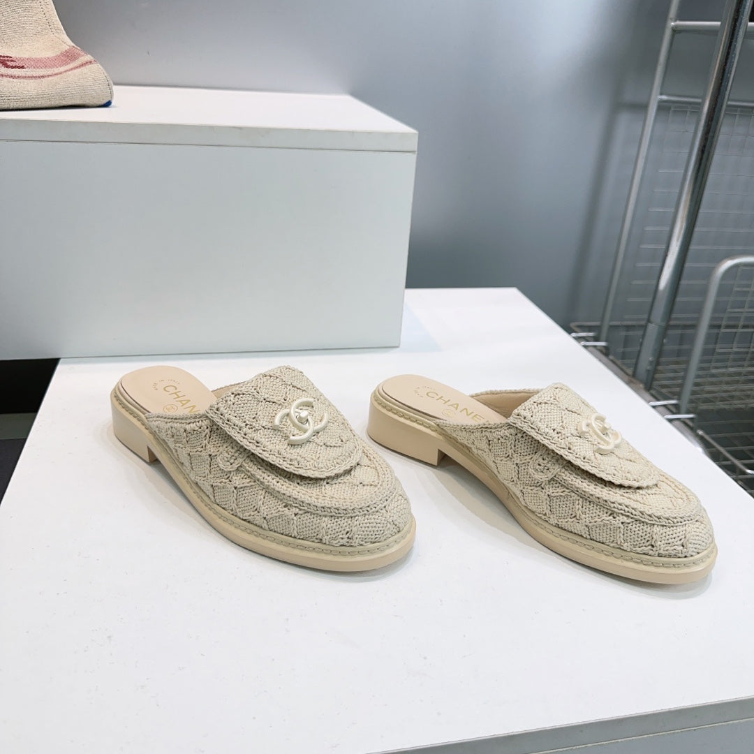 CC Loafers Half-Slip Sandals Beige Wool Sheepskin 628647
