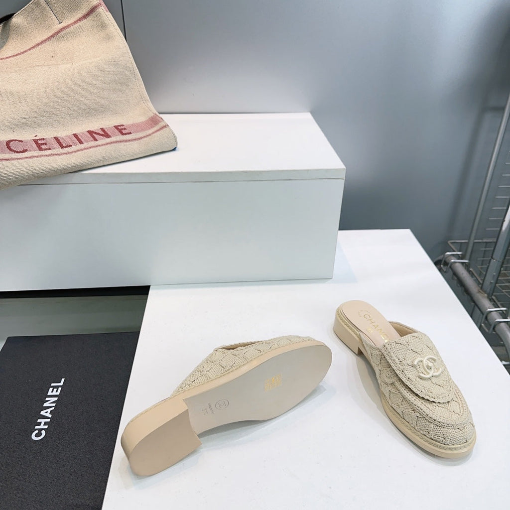 CC Loafers Half-Slip Sandals Beige Wool Sheepskin 628647