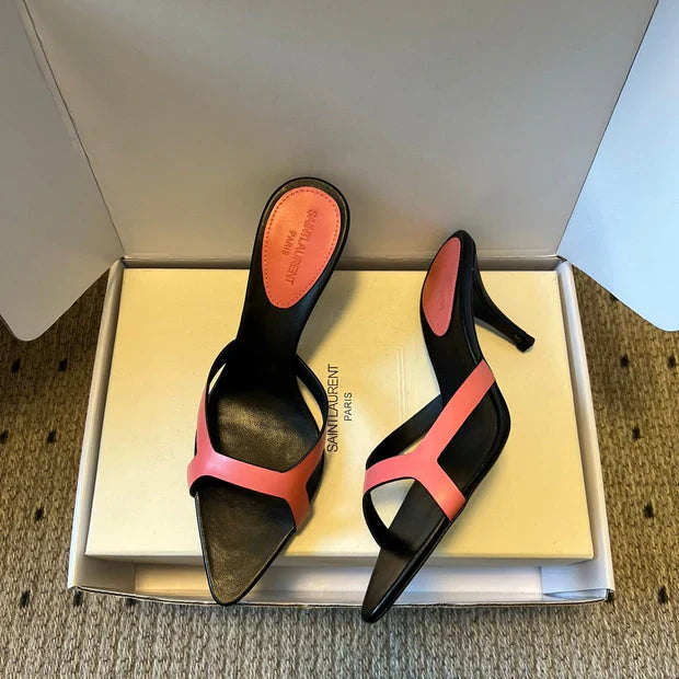YSL 26ss High Heeled Mules 75 Black Pink Cowhide 651768