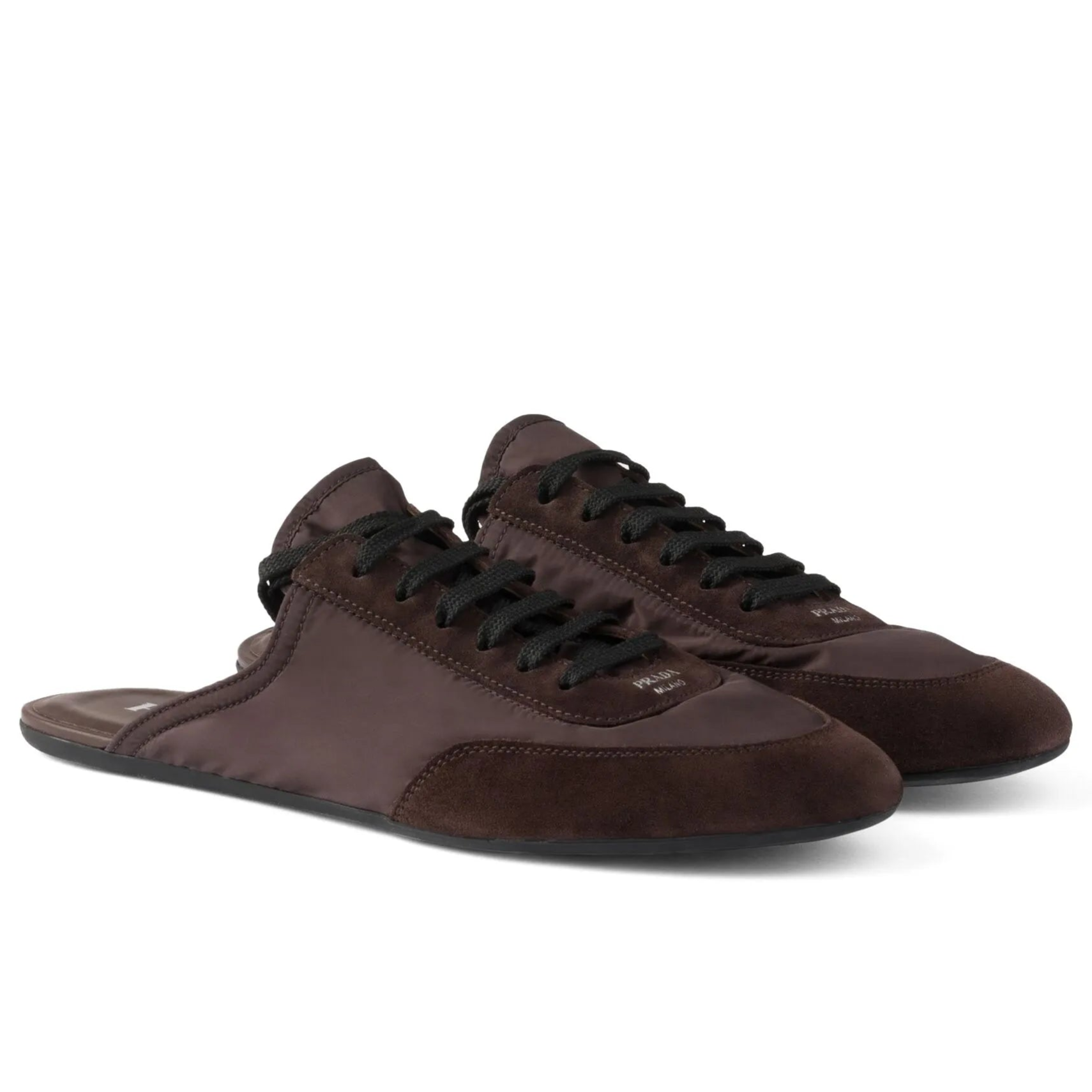 Prada Collapse Mules Brown Black Suede Goatskin