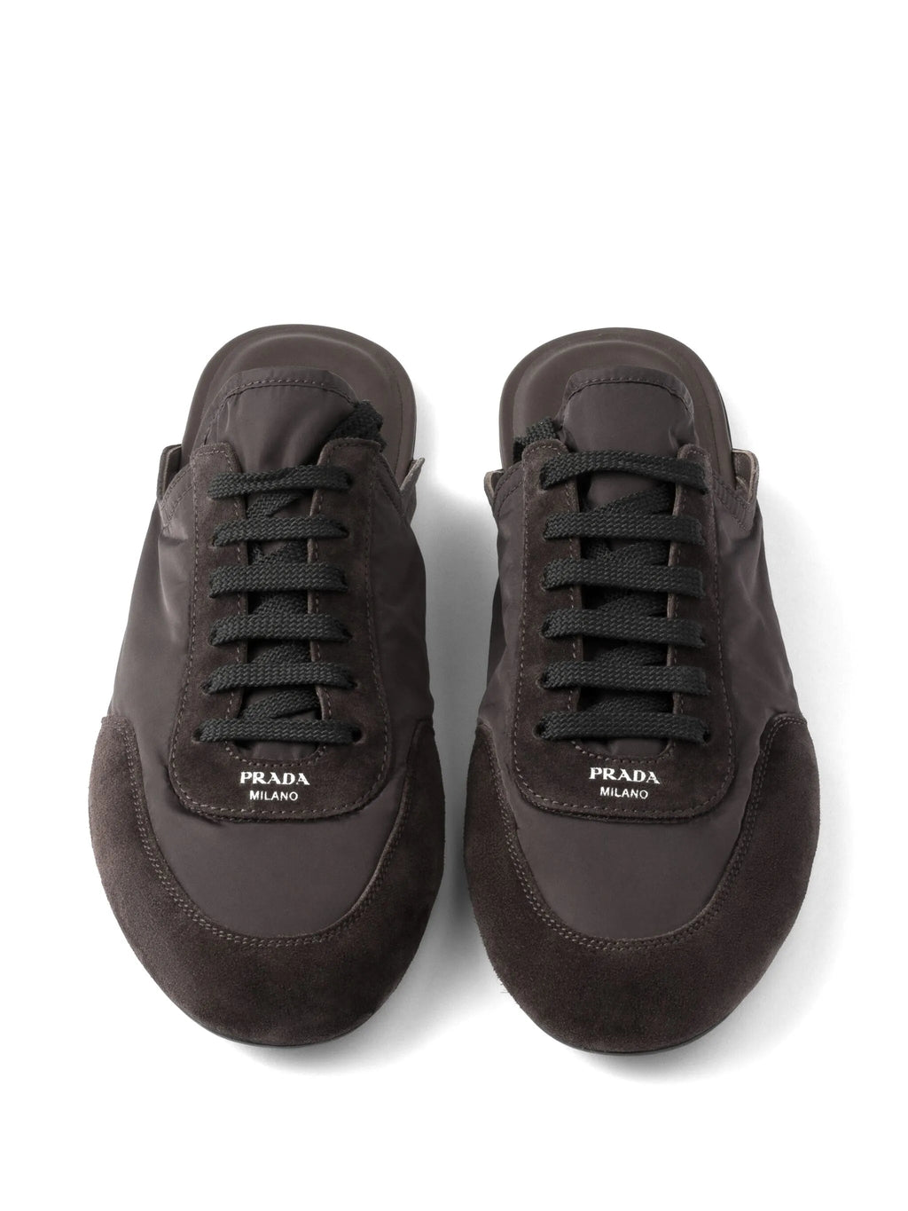 Prada Collapse Mules Brown Black Suede Goatskin