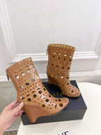 Alaïa Vienne Low-Cut Wedge Boots 90mm  Brown Suede Perforated