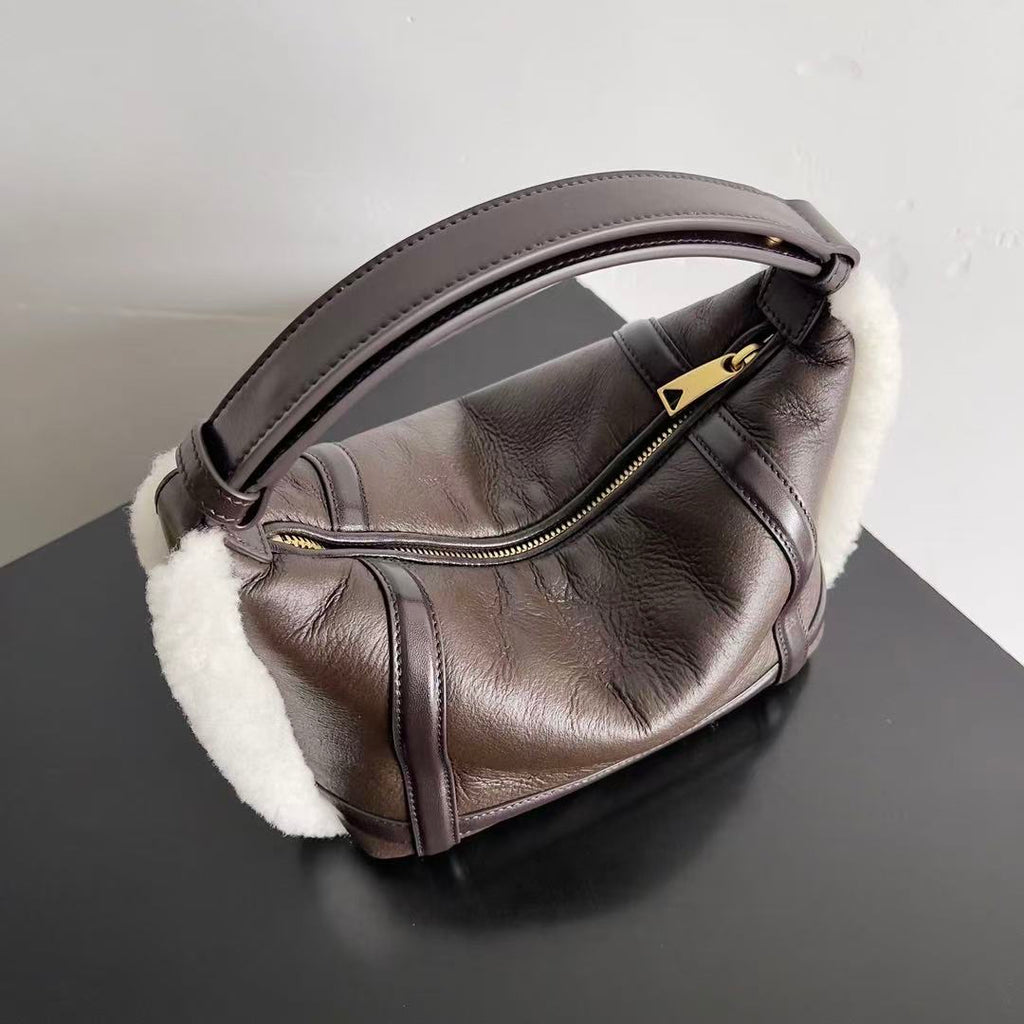 BV Wallace Mini Bag Brown White Lamb Fur Leather