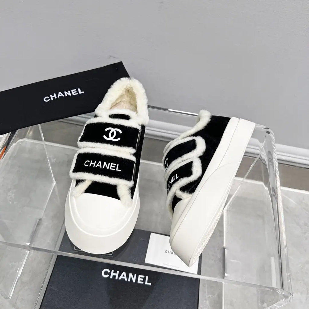 CC Sneaker Thick-Soled White Black Suede Wool Lining Fleece