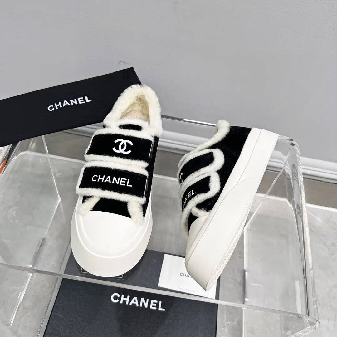 CC Sneaker Thick-Soled White Black Suede Wool Lining Fleece