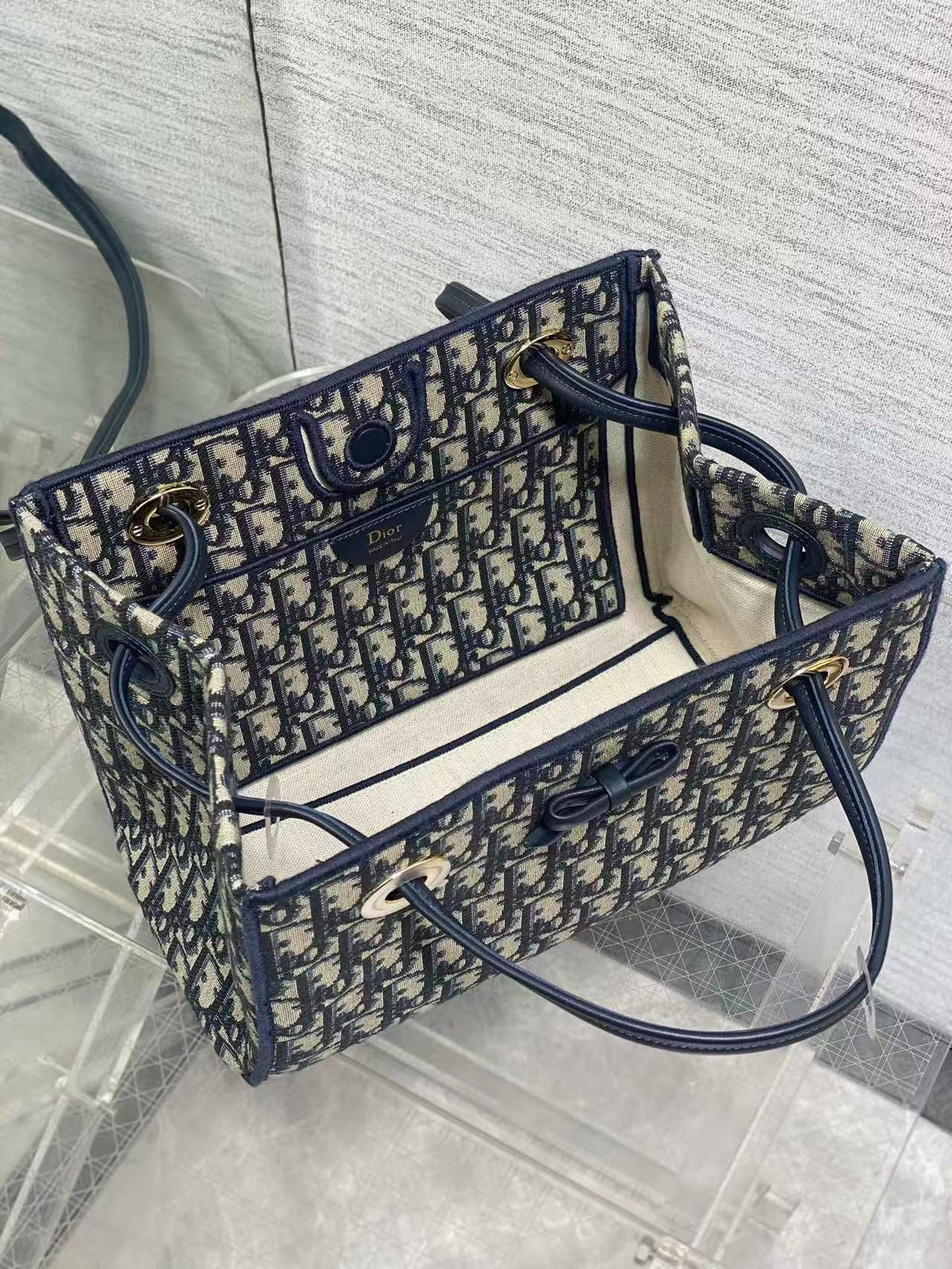 CD Medium Shopping Bag Blue Beige Oblique Jacquard Cotton Calfskin