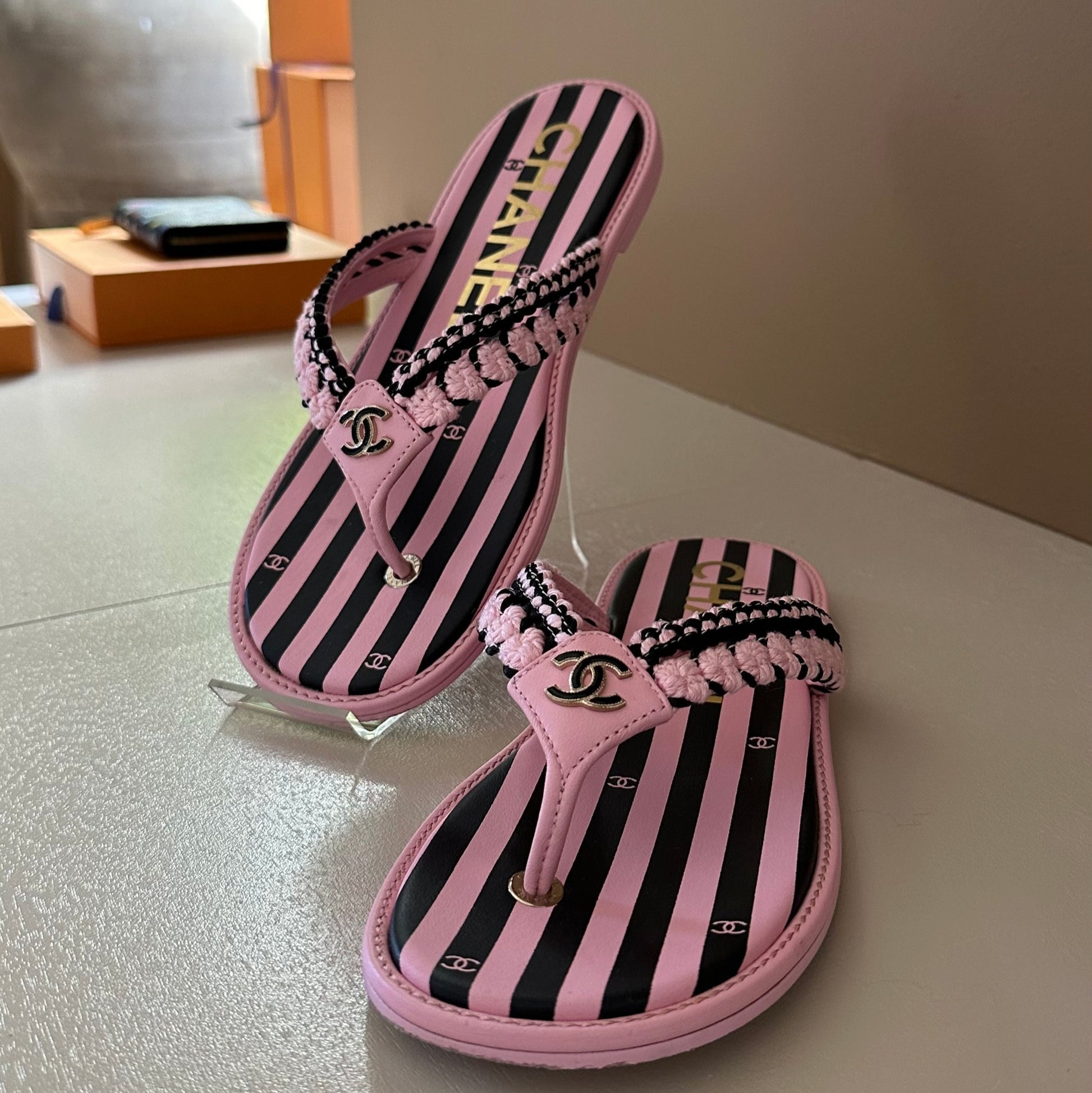 CC 25 Thong Sandal Braided Striped Pink Black