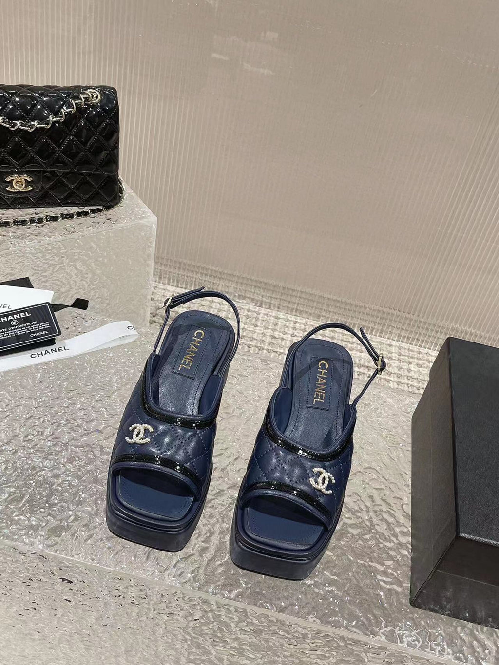 cc platform slingback sandal dark blue calfskin