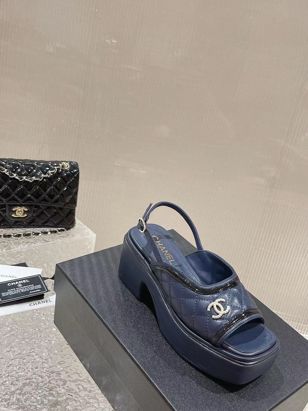 cc platform slingback sandal dark blue calfskin