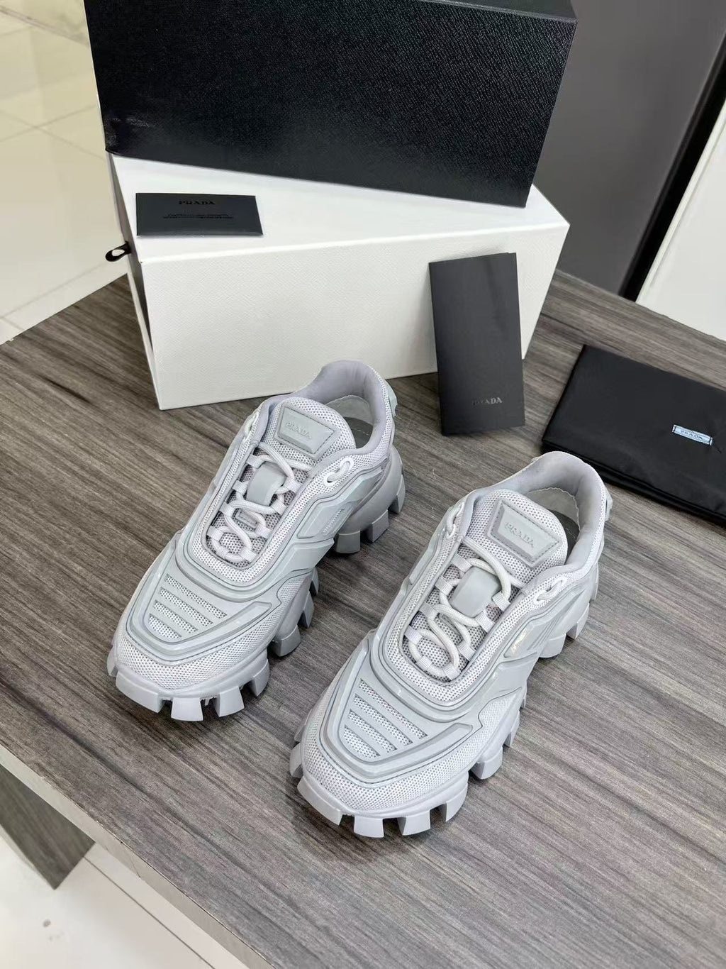 Prada Cloudbust Thunder Sneakers White mix Pearl Gray Knit Fabric